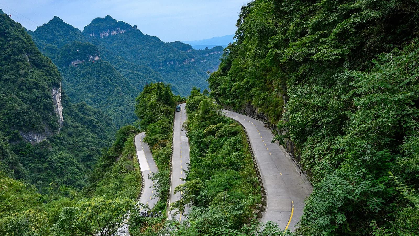 The winding mountain road below Tianmen Mountain near Zhangjiajie