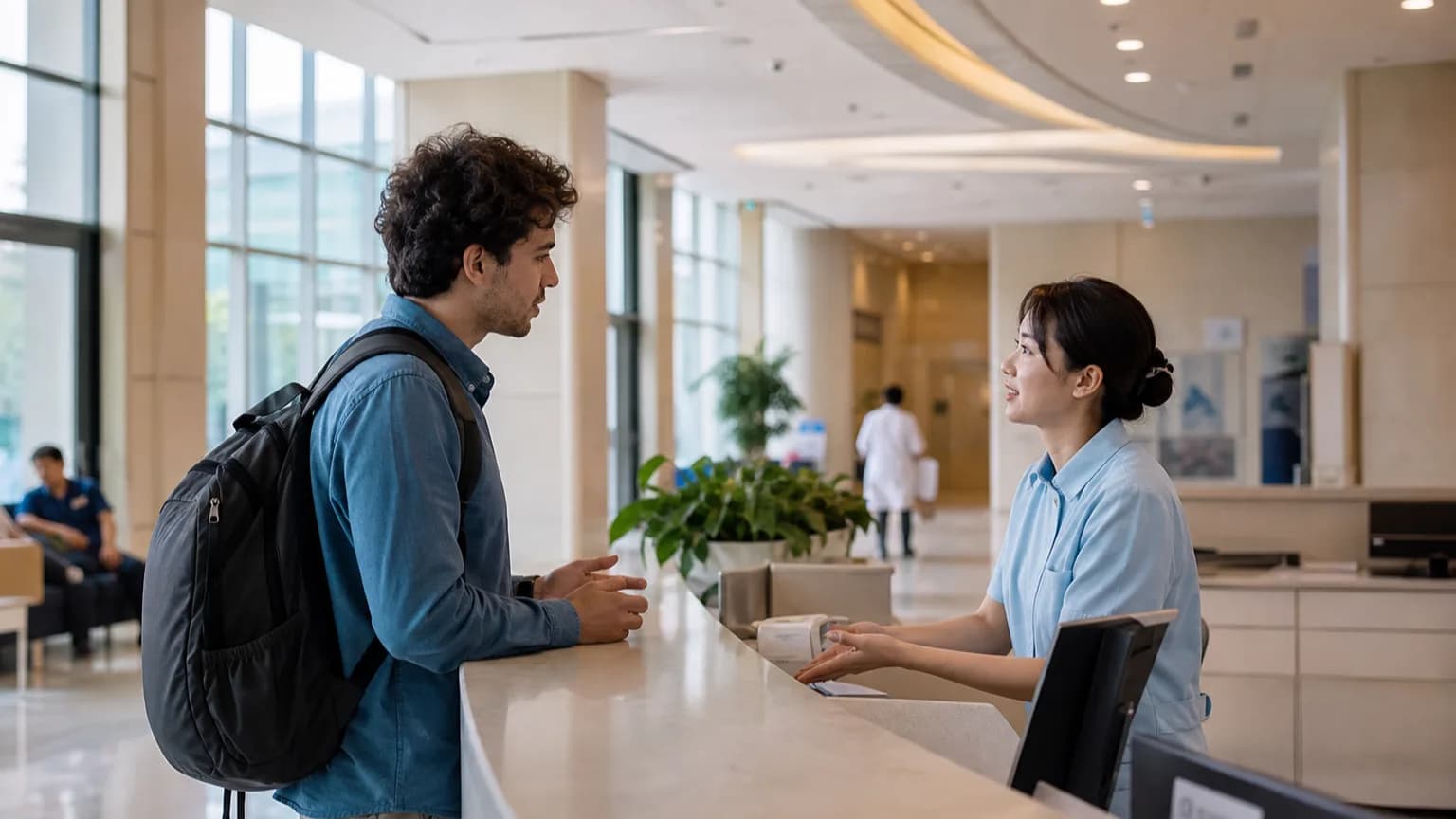 International traveler receiving help at a modern hospital reception desk in China
