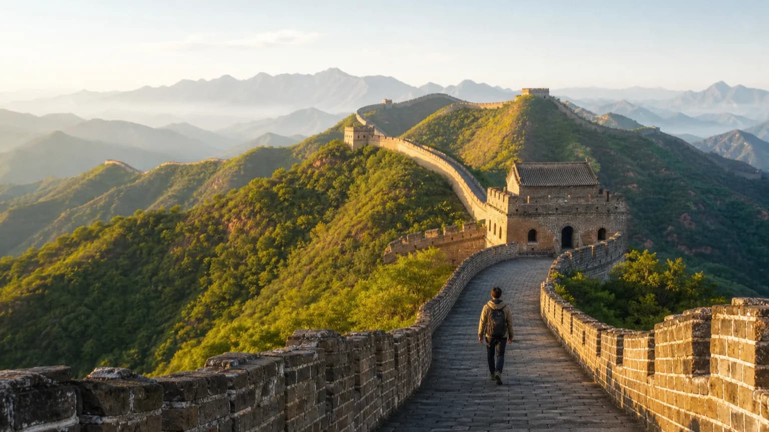 Traveler overlooking the Great Wall as it winds through green mountain ridges