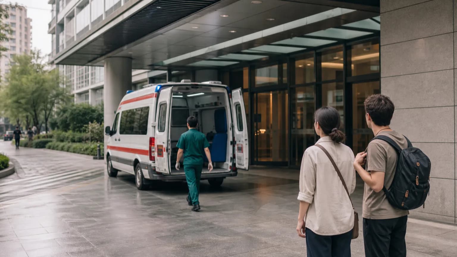 Hospital emergency entrance in a Chinese city with a parked ambulance