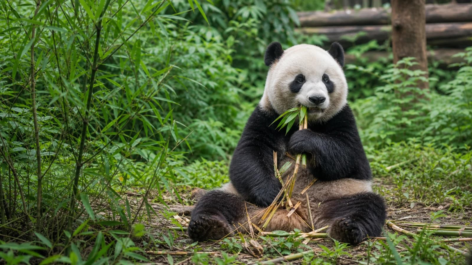 A giant panda resting among bamboo near Chengdu