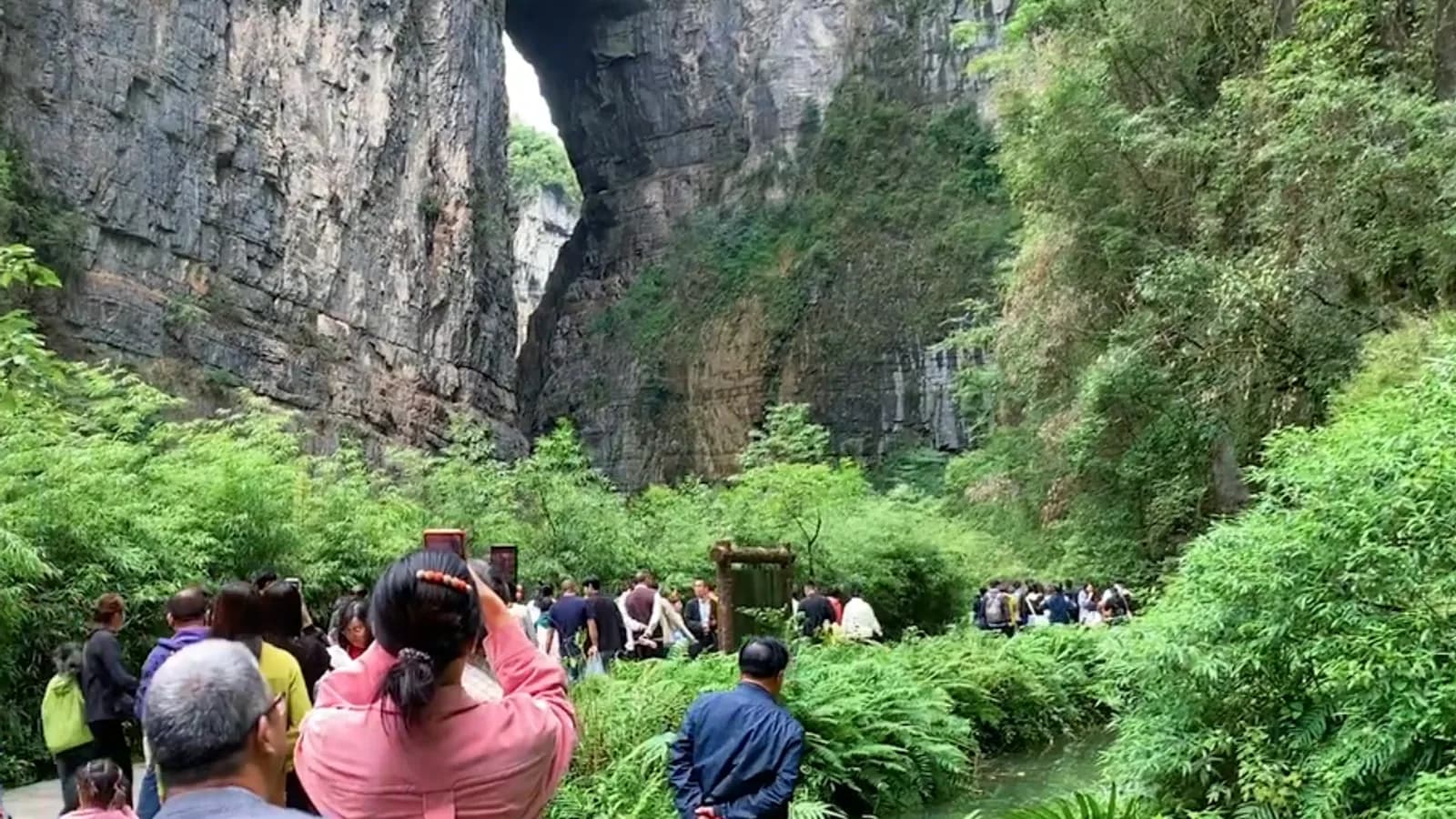 A monumental natural stone bridge in Wulong’s green karst landscape